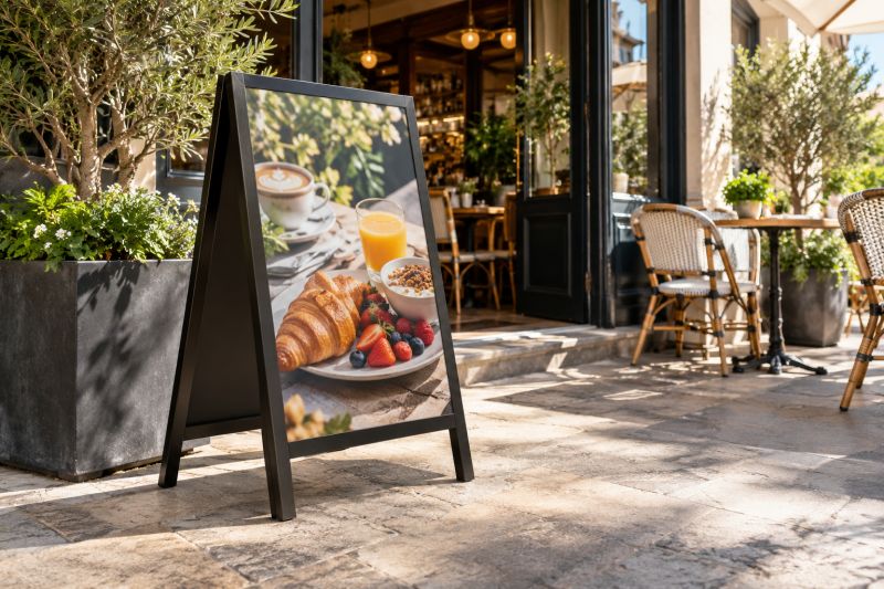 Güneşli kafe terasında kahvaltı tabağı fotoğraflı, siyah çerçeveli ayaklı A pano