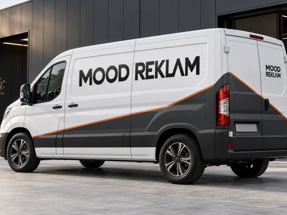 Yan ve arka yüzeyine MOOD REKLAM grafiği giydirilmiş beyaz panelvan