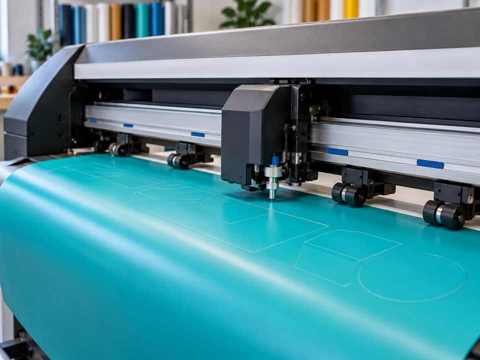 Kesim plotterının bıçağıyla turkuaz vinil üzerine geometrik şekiller kesilmesi