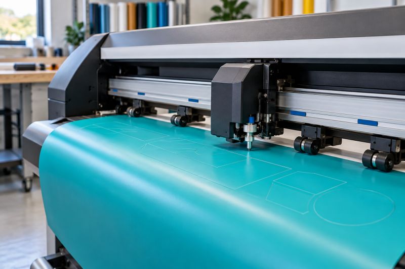 Kesim plotterının bıçağıyla turkuaz vinil üzerine geometrik şekiller kesilmesi
