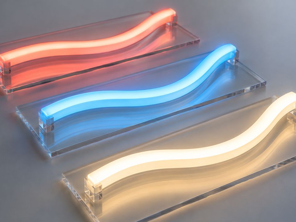 Şeffaf akrilik plakalar üzerinde kırmızı, mavi ve sıcak beyaz yanan dalgalı LED neon flex şeritler