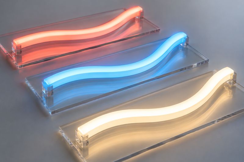 Şeffaf akrilik plakalar üzerinde kırmızı, mavi ve sıcak beyaz yanan dalgalı LED neon flex şeritler