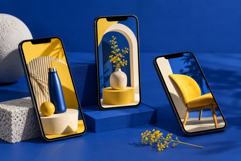 Kobalt mavi fonda sarı ve mavi tonlu ürün görselleri gösteren üç akıllı telefon