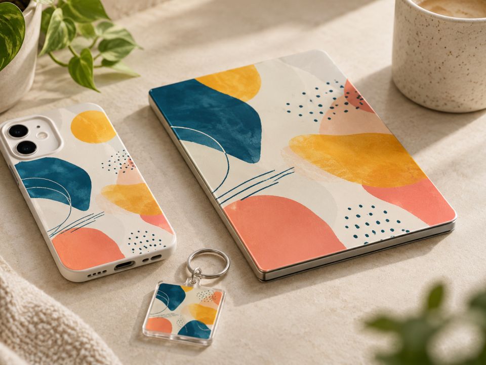 Aynı soyut desenle UV baskı yapılmış telefon kılıfı, tablet kılıfı ve anahtarlık