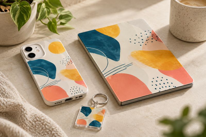 Aynı soyut desenle UV baskı yapılmış telefon kılıfı, tablet kılıfı ve anahtarlık