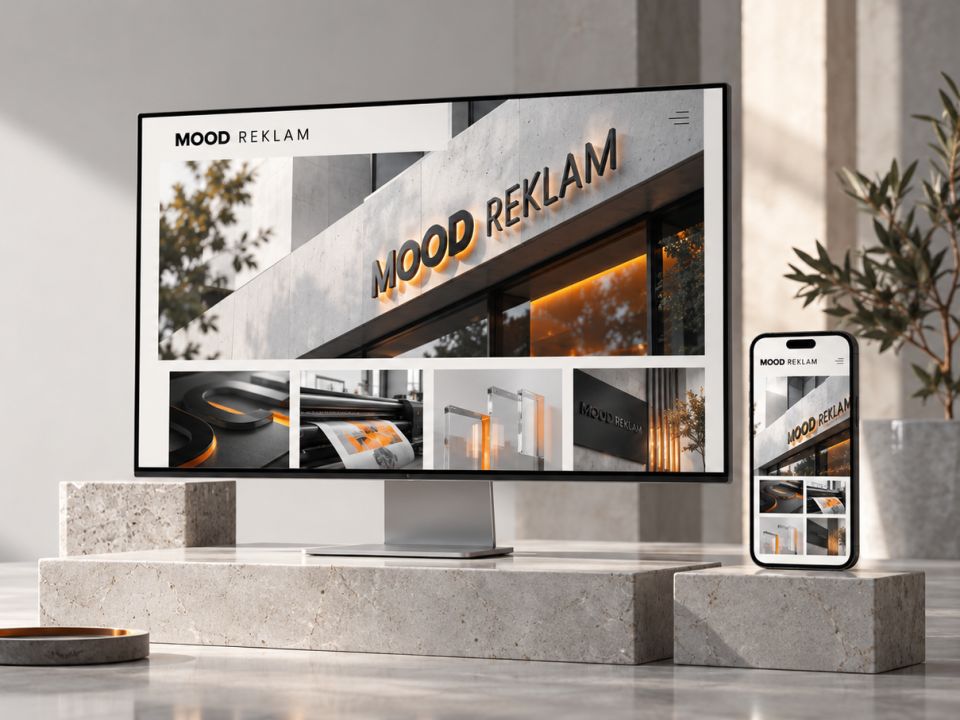 Masaüstü ekranda ve telefonda açık duran Mood Reklam web sitesi tasarımı