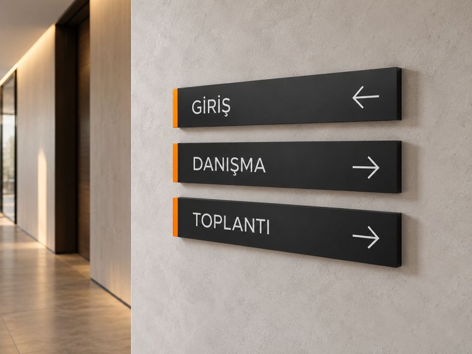 Ofis koridorunda Giriş, Danışma ve Toplantı yazılı oklu yönlendirme levhaları