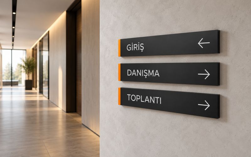 Ofis koridorunda Giriş, Danışma ve Toplantı yazılı oklu yönlendirme levhaları