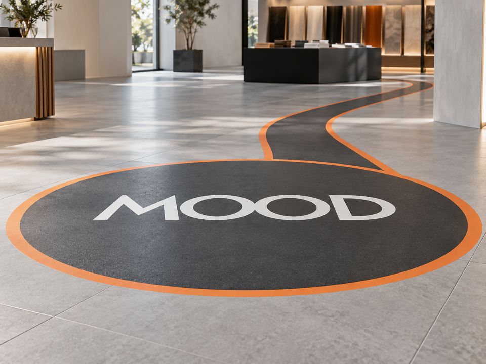 Showroom zemininde MOOD yazılı daire ve yönlendirme şeridinden oluşan zemin grafiği