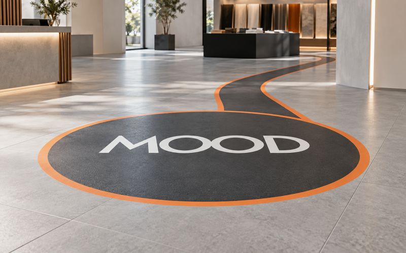 Showroom zemininde MOOD yazılı daire ve yönlendirme şeridinden oluşan zemin grafiği